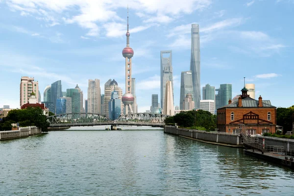 Shanghai skyline with historical Waibaidu bridge, in Shanghai Ch