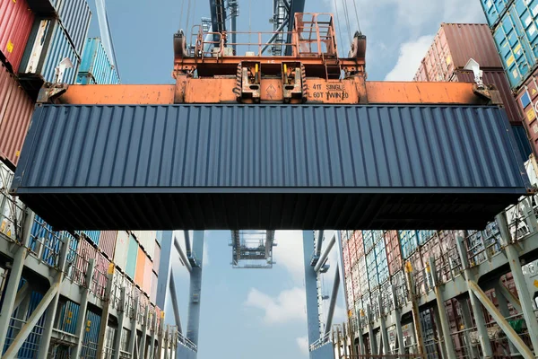 Береговой кран погрузки экспортных контейнеров в грузовых судов использования для них — стоковое фото