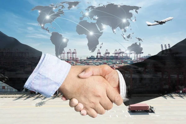 Double Exposure of a businessman handshake  with Map global part