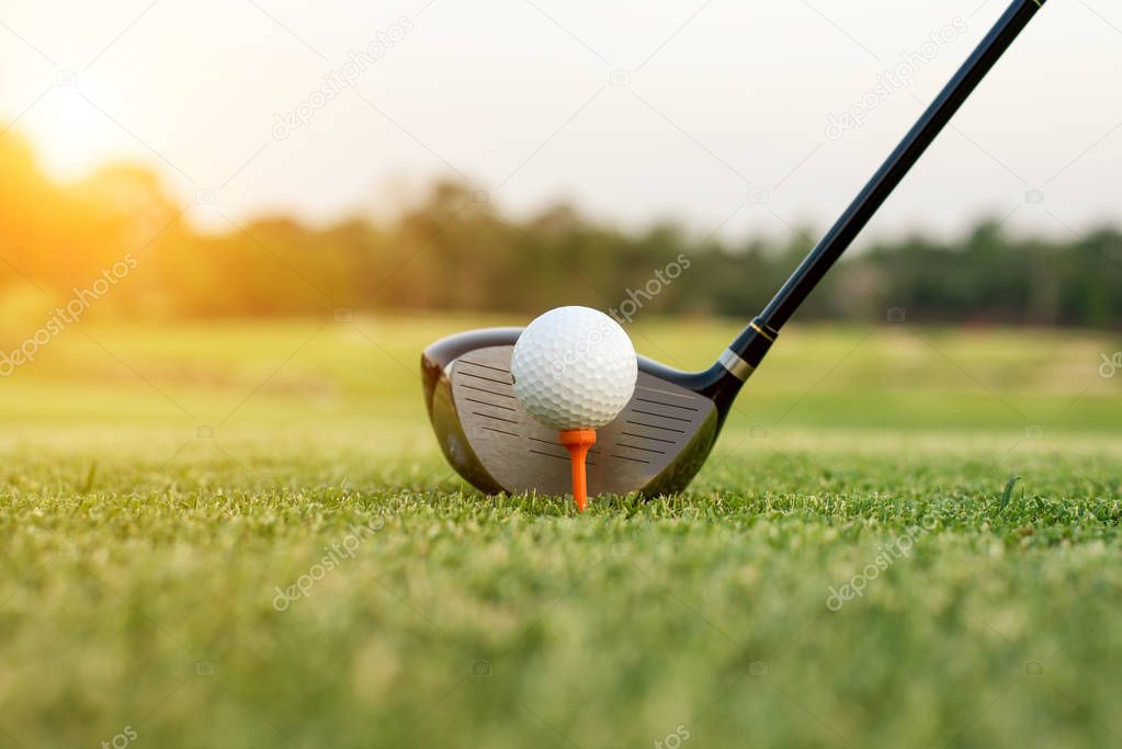 Golf club and ball in grass with sunlight. Close up at golf club