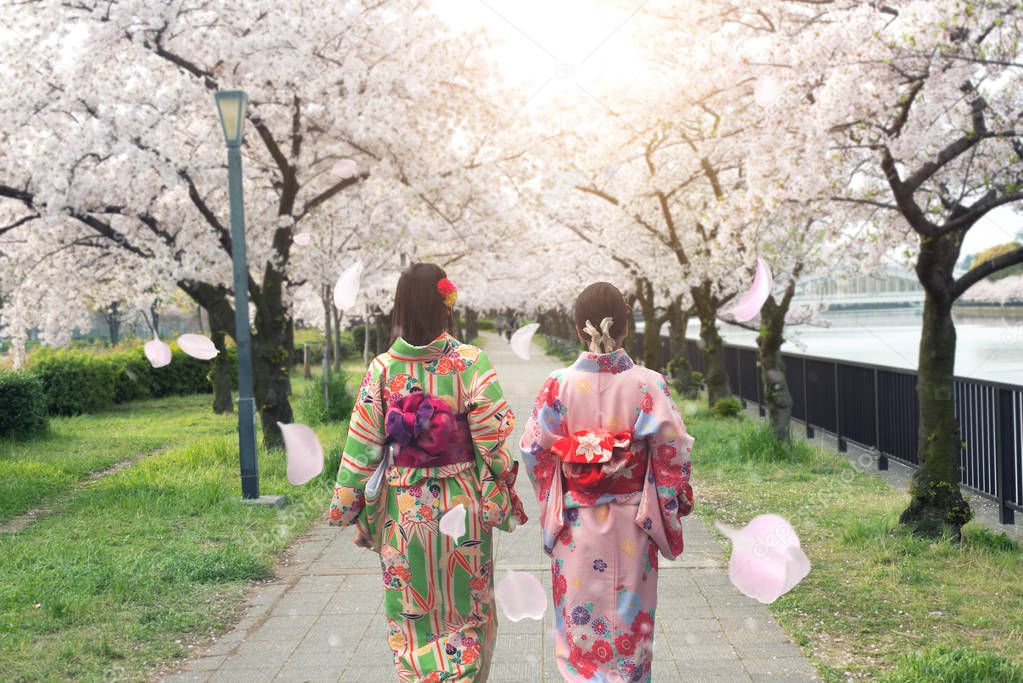 Couple asian women wearing traditional japanese kimono in sakura