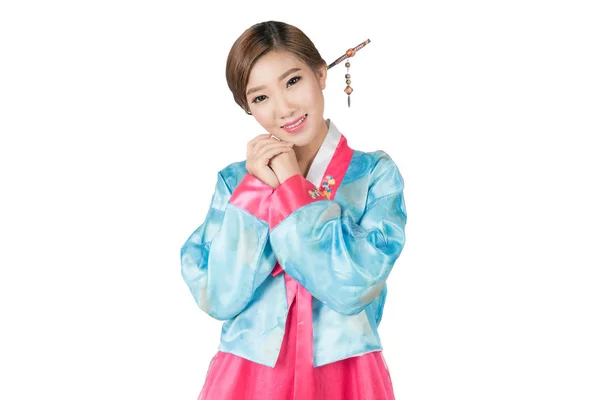 Mujer coreana con Hanbok, el vestido tradicional coreano en blanco —  Fotos de Stock