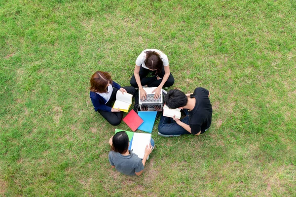 Vue du dessus du groupe d'étudiants asiatiques assis ensemble au parc. Un — Photo