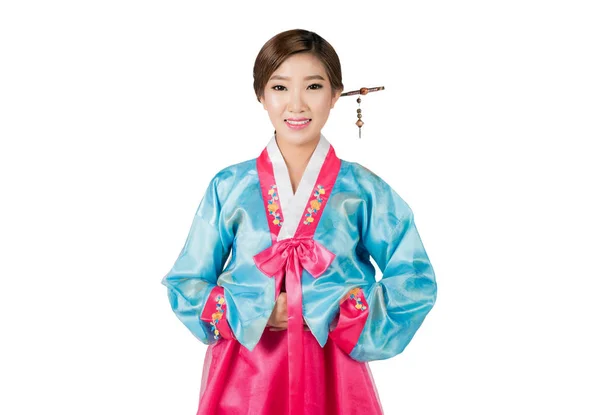 Koreański kobieta z Hanbok, tradycyjny koreański strój w kolorze białym — Zdjęcie stockowe