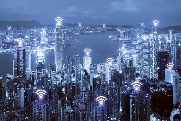 Wifi アイコンは、ワイヤレス ネットワーク接続と香港市街。H — ストック写真