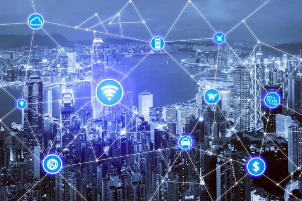 Smart City und drahtloses Kommunikationsnetzwerk, Geschäftsviertel — Stockfoto