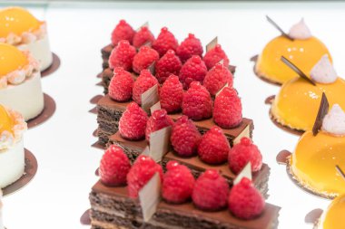 Çikolatalı mousse kek fırında raf içinde ahududu ile satır