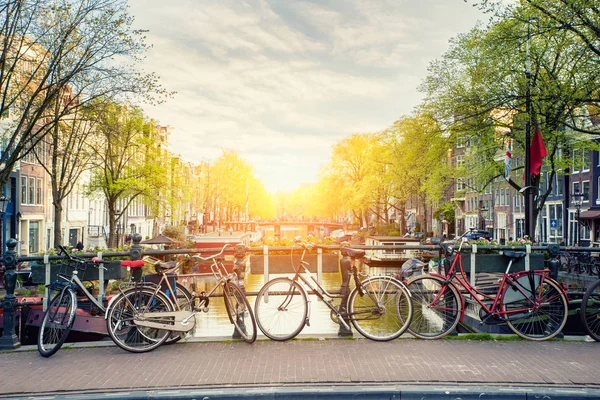 Fahrrad auf der Brücke mit Niederländischen traditionellen Häusern und bin — Stockfoto