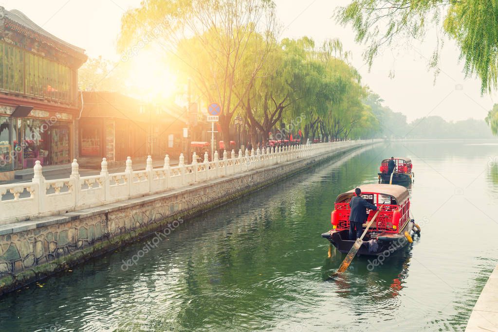 China traditional tourist boats on Beijing canals of Qianhai lak
