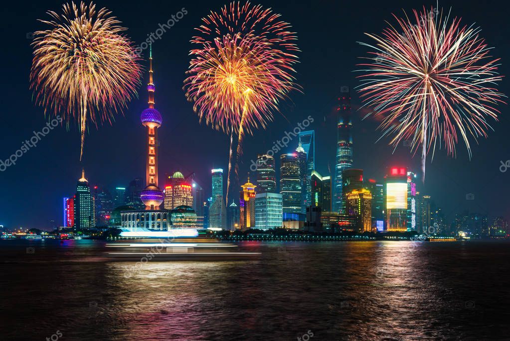 Fireworks in Shanghai, China celebration National Day of the Peo