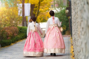 Asyalı Koreli kadın Hanbok ben yürüme geleneksel elbise giymiş.