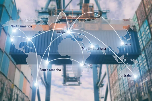 Network connection partnership logistics and world map with port — Stock Photo, Image