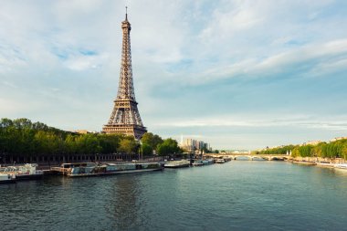 Bahar sezonu Seine River Paris'te Eyfel Kulesi. Par