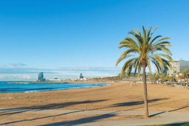 Gündoğumu, renkli gökyüzü ile Barcelona'da Barceloneta Beach. Deniz
