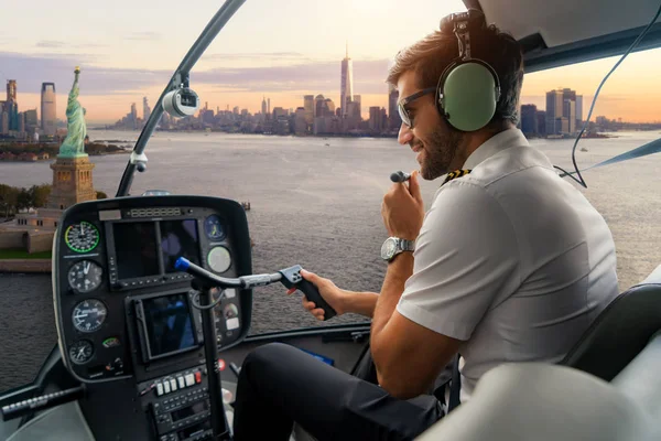 Helicopter cockpit with pilot arm and control console inside the — Stock Photo, Image