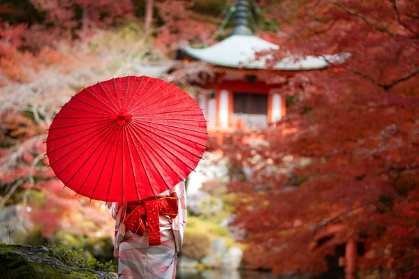 Young Japanese girl traveller in traditional kimino dress standi — Stock Photo, Image