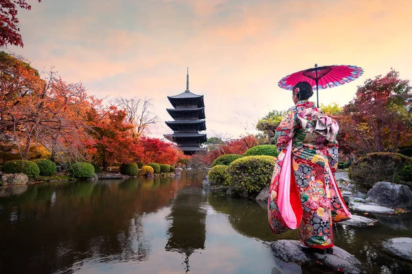 Geleneksel kimino elbiseli genç Japon kız gezgin Standi — Stok fotoğraf