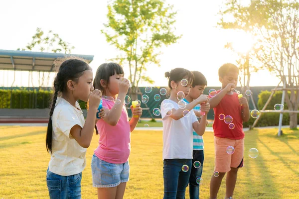 Large Group Happy Asian Smiling Kindergarten Kids Friends Playing Blowing — Stock Photo, Image