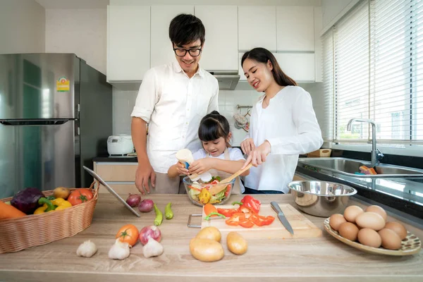 Familia Asiática Con Padre Madre Hijas Preparando Cocinando Ensalada Cocina — Foto de Stock