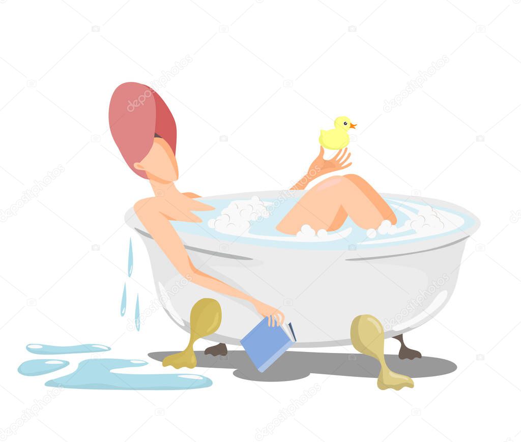Flat vector illustration of a woman sitting in a bubble bath with a rubber duck. Isolated on a white background