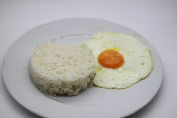 Plate White Rice Fried Egg — Stock Photo, Image