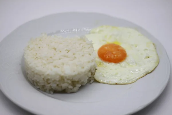 Plate White Rice Fried Egg — Stock Photo, Image