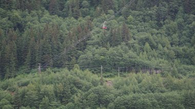 Mayo, 28,2019, Juneau, Alaska: Kırmızı Mount Roberts tramvayı dağ yamacı boyunca ilerliyor
