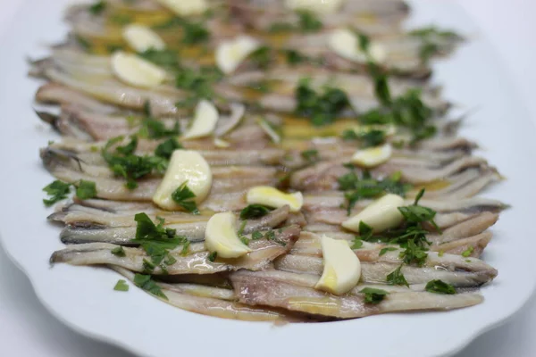 Pickled Marinated Anchovies White Tray — Stock Photo, Image