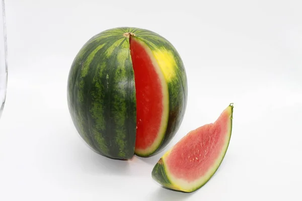 Freshly Cut Striped Watermelon White Background — Stock Photo, Image