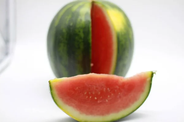 Freshly Cut Striped Watermelon White Background — Stock Photo, Image