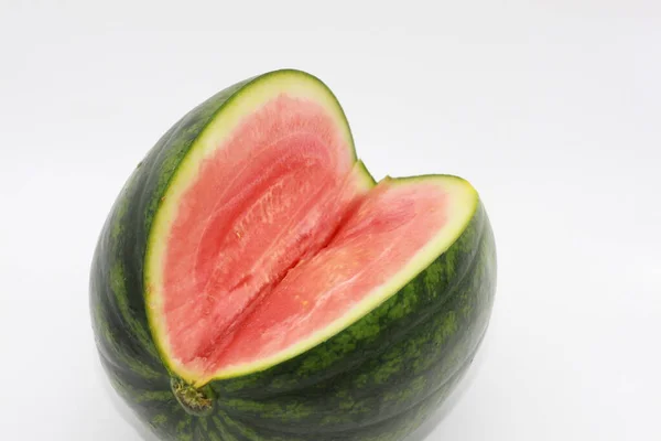 Freshly Cut Striped Watermelon White Background — Stock Photo, Image