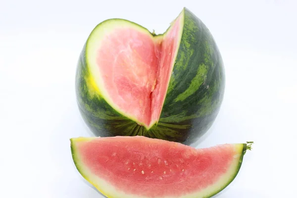 Freshly Cut Striped Watermelon White Background — Stock Photo, Image