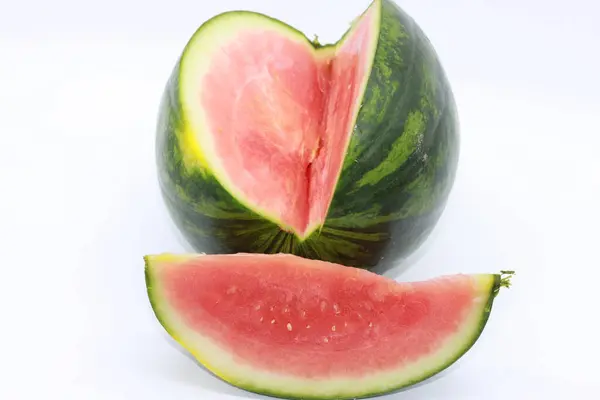 Freshly Cut Striped Watermelon White Background — Stock Photo, Image