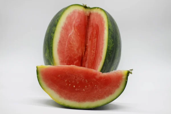 Freshly Cut Striped Watermelon White Background — Stock Photo, Image