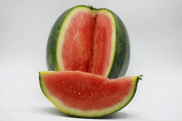 Freshly Cut Striped Watermelon White Background — Stock Photo, Image