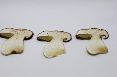 Beyaz arka planda yuvarlanmış mantarlar