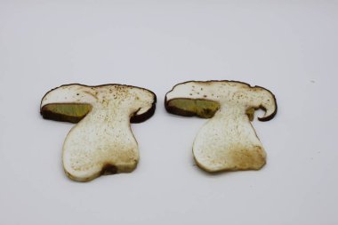 Beyaz arka planda yuvarlanmış mantarlar