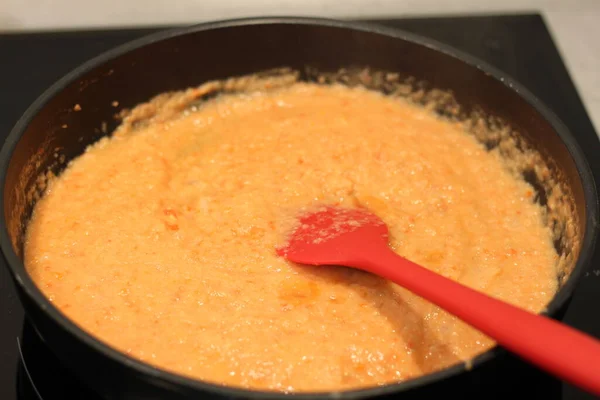 Cooking Tomato Onion Sauce Pan — Stock Photo, Image