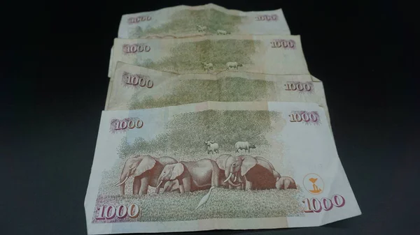 Tusen Kenyanska Shilling Sedlar Svart Bakgrund — Stockfoto