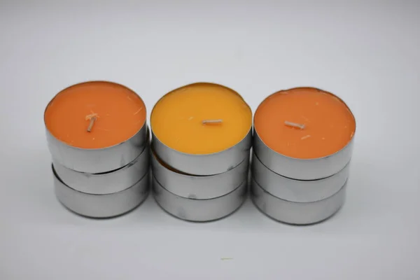 Yellow Orange Scented Candles White Background — Stock Photo, Image