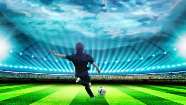 Jugador de fútbol con balón en acción en el estadio. Jugador de fútbol infantil. 4K. Animación 3D paralaje — Vídeo de stock