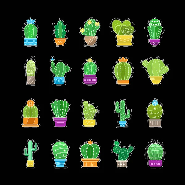 Pegatinas con cactus en macetas — Vector de stock