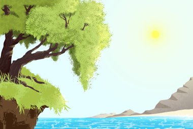 Gerçekçi manzara. Ağaçlar, deniz ve dağlar. Doğanın renkli resimde