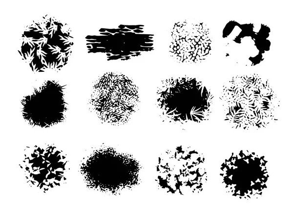 Conjunto Cepillos Hojas Hierba Suciedad Cortezas Ilustración Vectorial Blanco Negro — Vector de stock