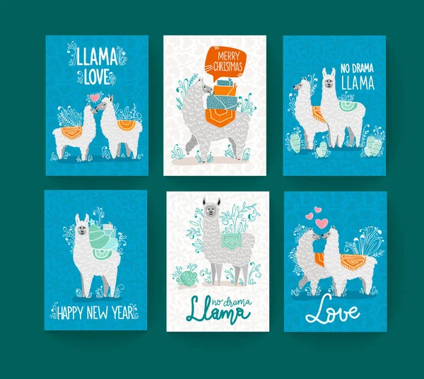 Vacaciones Invierno Tarjetas Felicitación Plantillas Ilustración Plana Llamas Animales Dibujos — Vector de stock