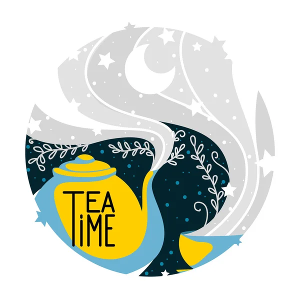 Час Чаю Плоска Векторна Ілюстрація Чайник Чашка Нічне Зоряне Небо — стоковий вектор