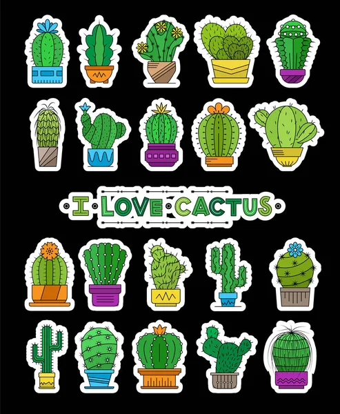 Cactus Carino Set Illustrazioni Vettoriali Cool Adesivi Isolati Sfondo Nero Vettoriale Stock