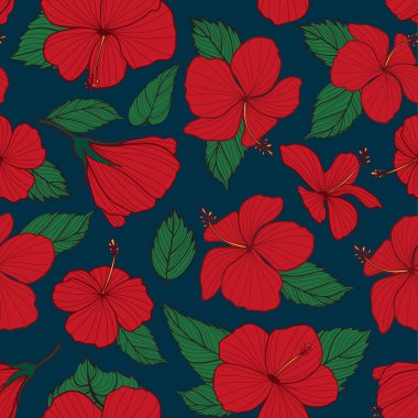 Lacivert Kusursuz Desenli Kırmızı Vektör Hibiscus
