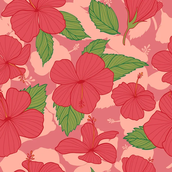 Vector Pink Hibiscus with shadow Silhouette Seamless Pattern Bac — ストックベクタ