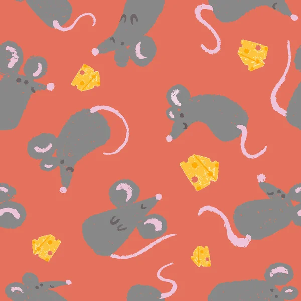 Vector ratón y queso Fondo rojo. Año festivo de patrón sin costuras de rata — Vector de stock